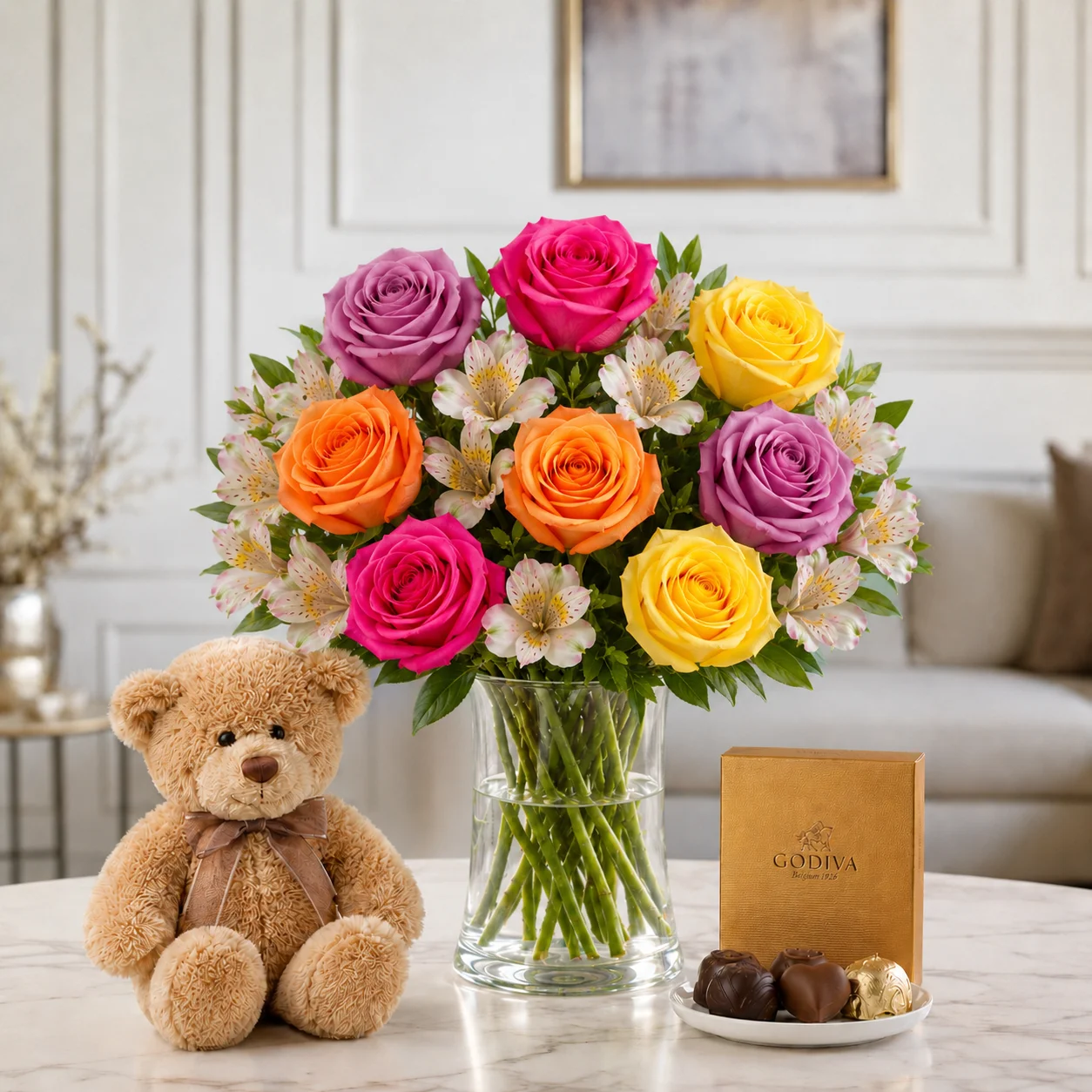 Mixed Roses and Peruvian Lilies + Teddy Bear and Chocolate! 4