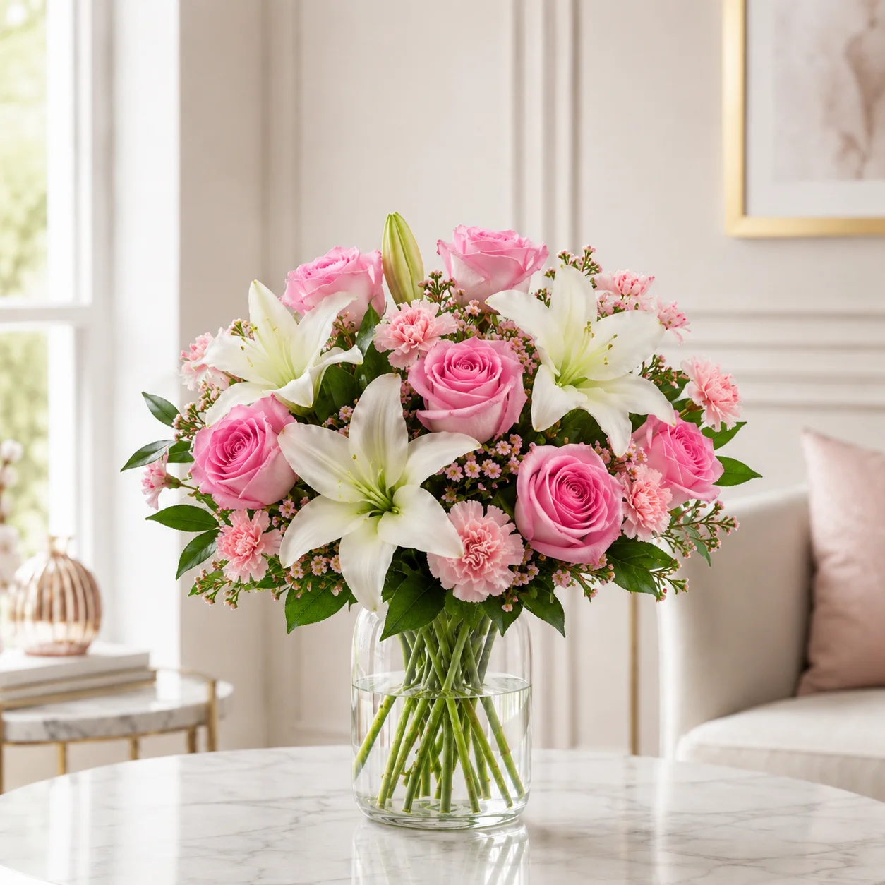 Pink Roses and White Lillies Bouquet 2