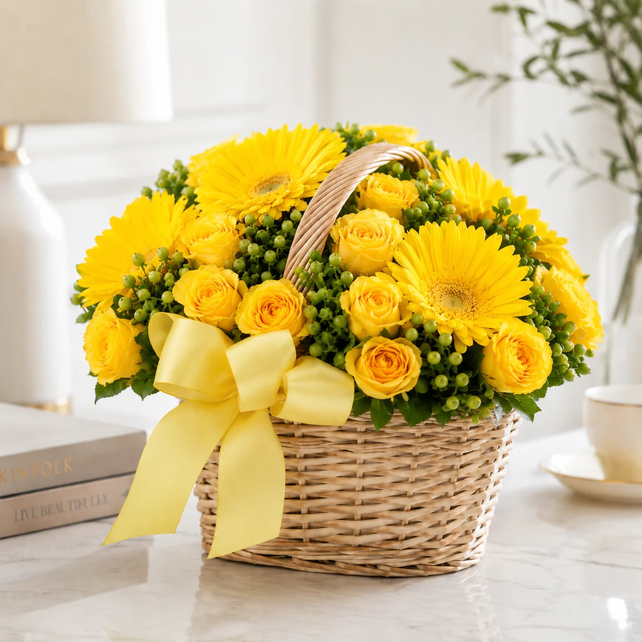 Yellow Rose and Gerbera Daisy Basket view 3