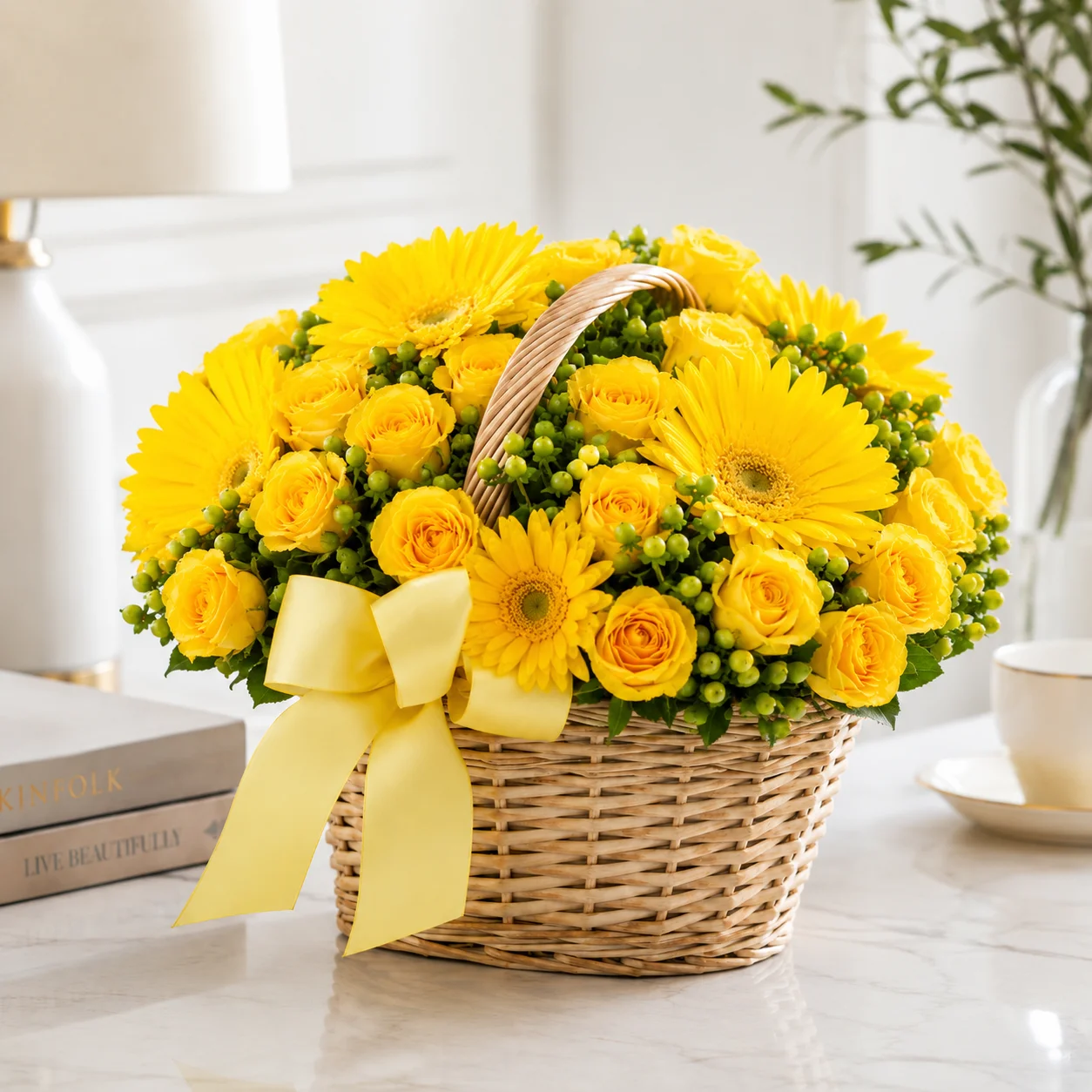 Yellow Rose and Gerbera Daisy Basket view 5