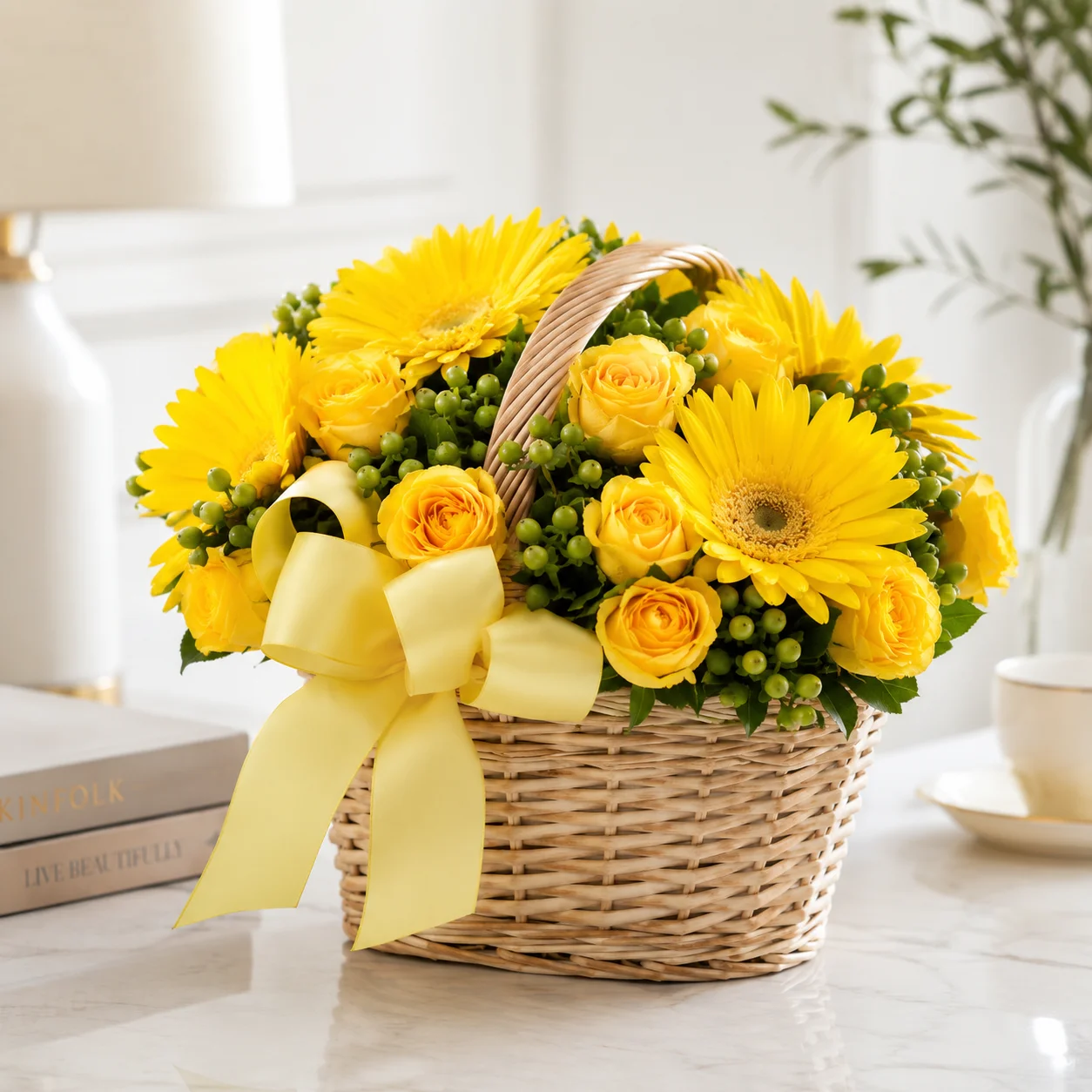 Yellow Rose and Gerbera Daisy Basket view 2