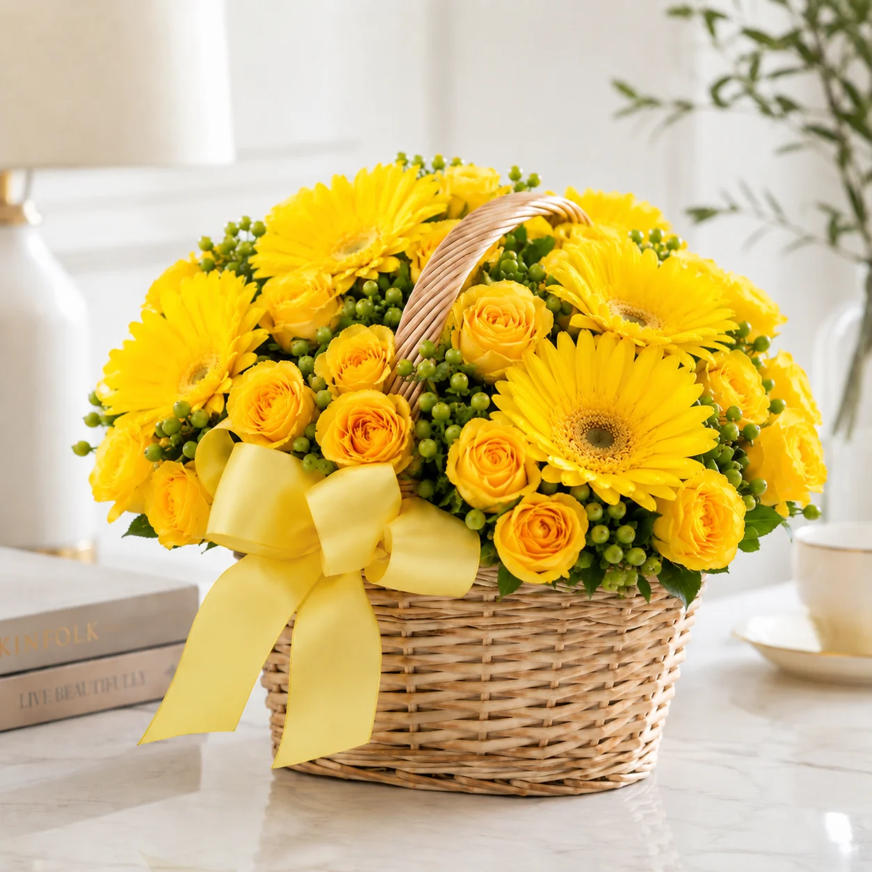 Yellow Rose and Gerbera Daisy Basket view 4