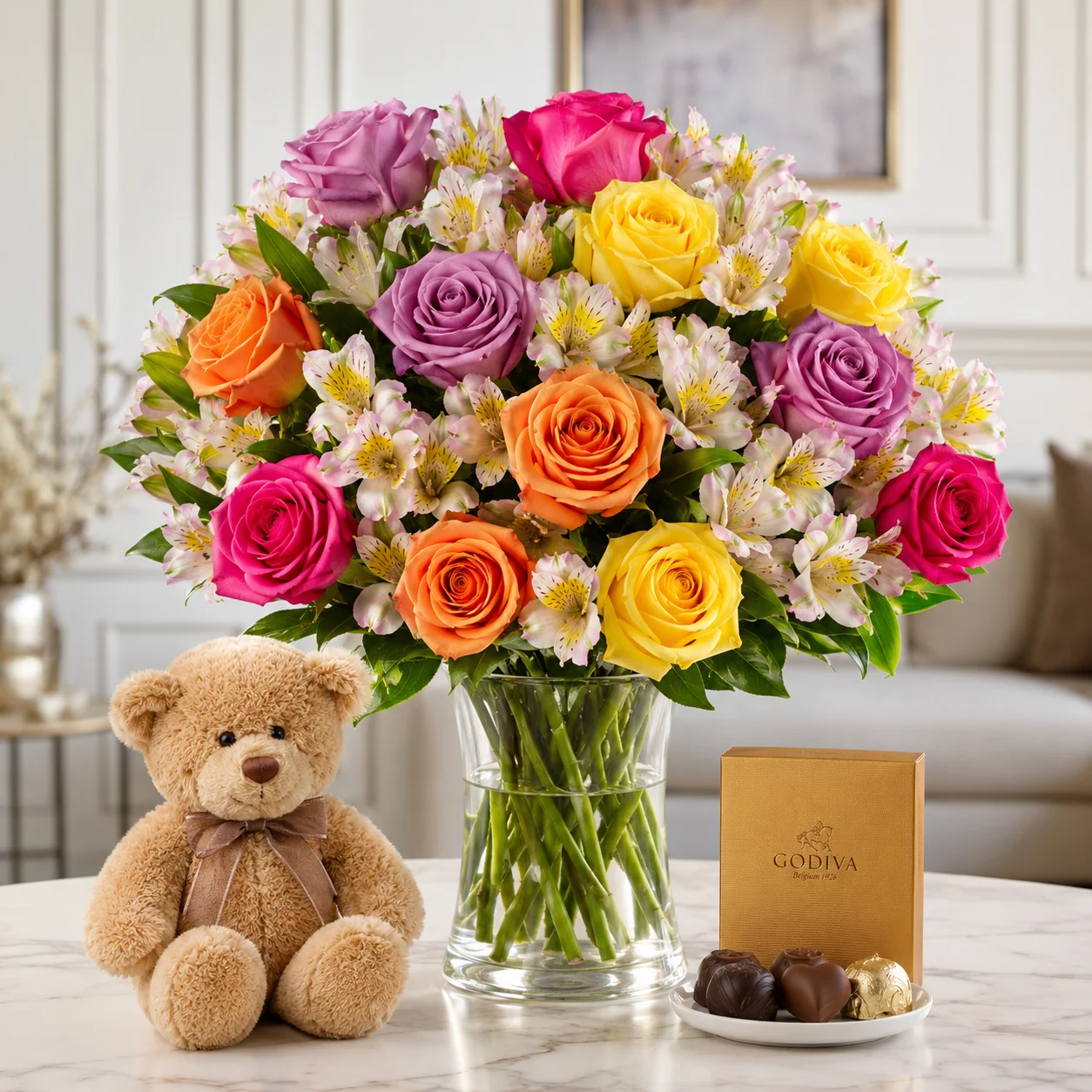 Mixed Roses and Peruvian Lilies + Teddy Bear and Chocolate! 1